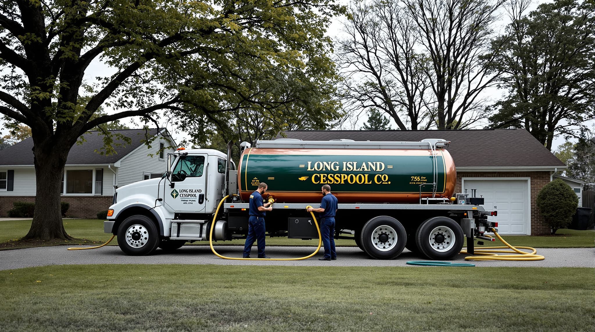 Long Island Cesspool Co. pump truck on a Suffolk County driveway