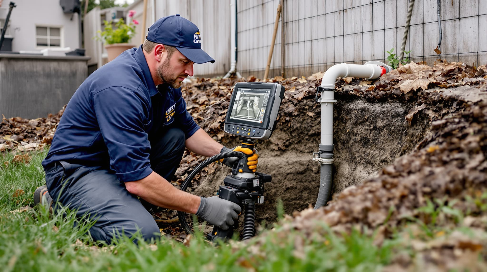 Inspecting an open septic tank before a routine pump-out on Long Island