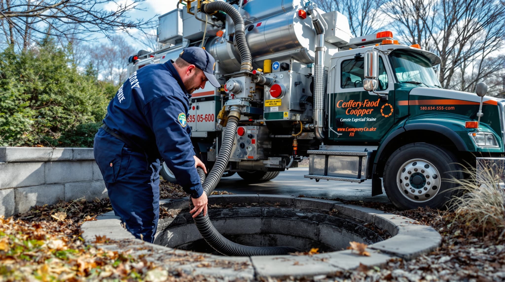 Vacuum truck pumping out a septic tank at a Long Island home