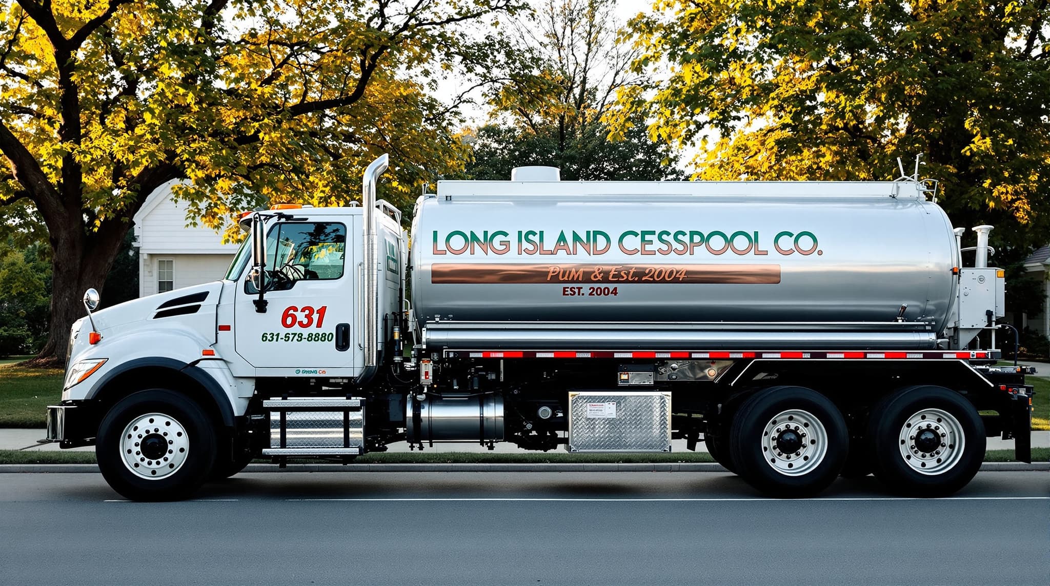Long Island Cesspool Co. branded pump truck on Suffolk County street